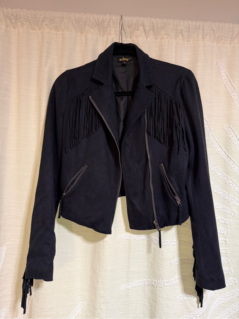 Audrey 3+1 Black Fringe Crop Suede Jacket